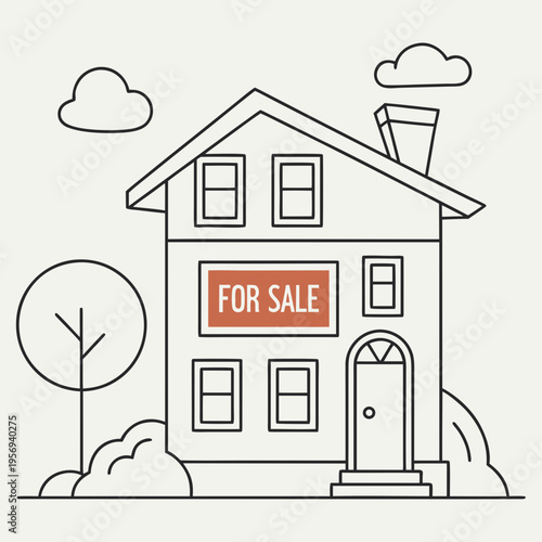 House exterior with 'for sale' sign and minimalist tree with a minimalist tree