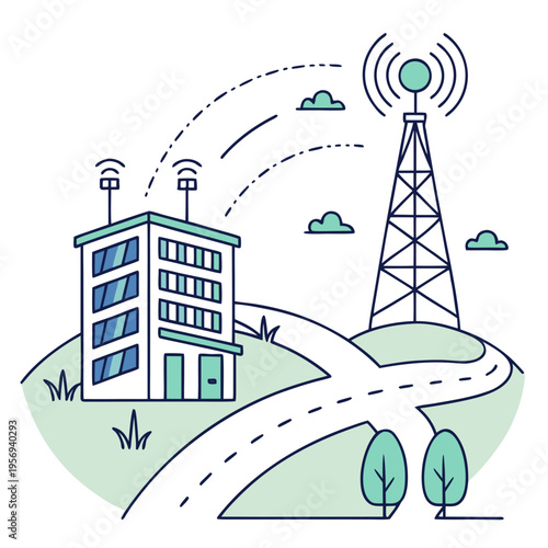 Isometric building and communication tower network illustration on hilltop