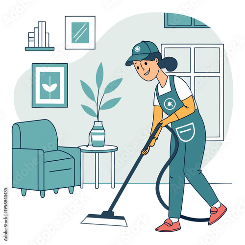 Housekeeper cleaning living room with vacuum cleaner, home services