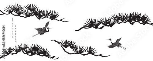 Bonsai tree branch and crane birds with Chinese painting in natural background.