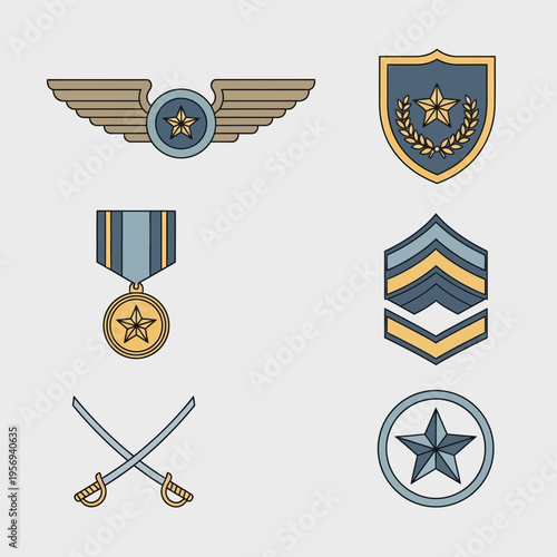 Military Insignia and Badges Vector Set: Wings, Medal, Swords, Chevrons, Shield, Emblem