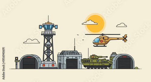 Military base with helicopter, tank, control tower, and hangars under sunny sky