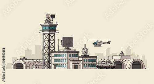 Military base with helicopter, tank, control tower, and hangars, cityscape background