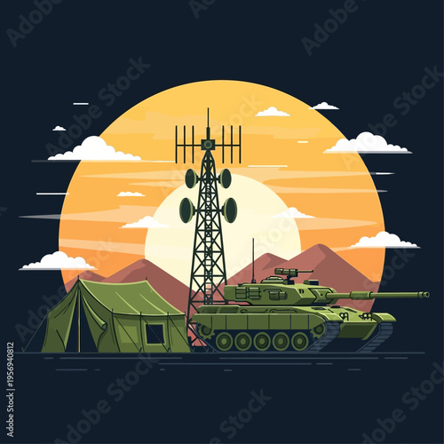 Military Camp with Tank, Communication Tower, and Sunset Over Mountains