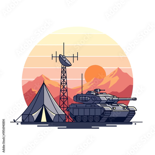 Military camp with tank, communication tower, and tent at sunset in mountains