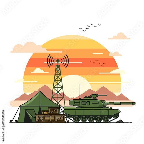 Military Camp with Tank, Radio Tower, and Tent at Sunset