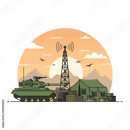 Military camp with tank, communication tower, tent, and supplies at sunset