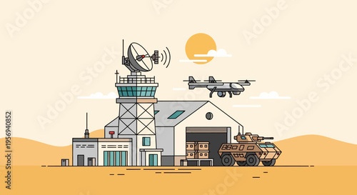 Military drone and armored vehicle at desert command center with radar and hangar