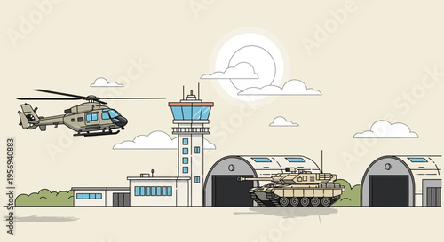 Military helicopter flies over airbase with tank and hangars, sunny day, clear sky