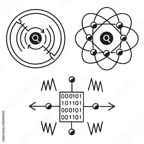 Quantum computing and technology symbols on white background science innovation qubits