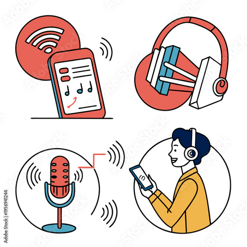 Colorful of podcast and audio headphones microphone