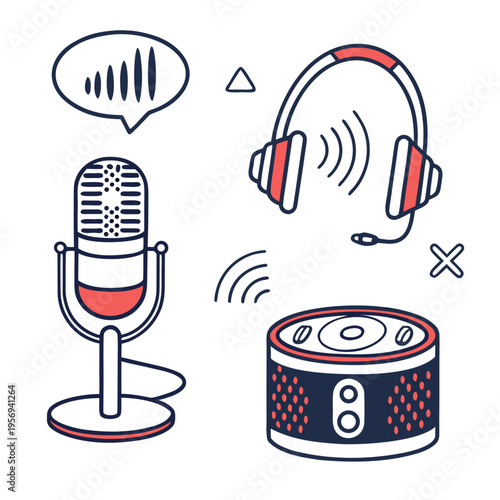 Podcasting equipment with microphone headphones and speaker audio