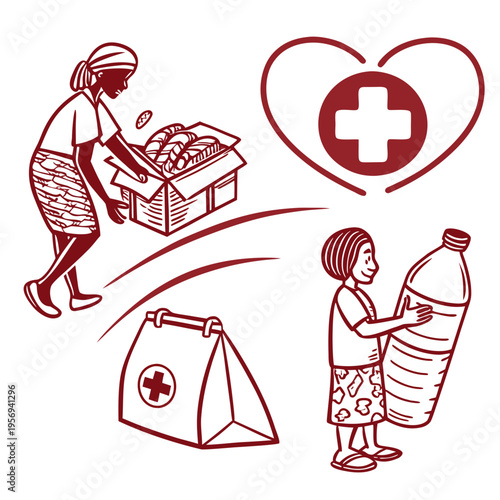 Red line of people helping others with medical supplies and water line people helping