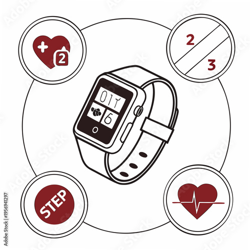 Smartwatch with fitness and health on white background wearable technology