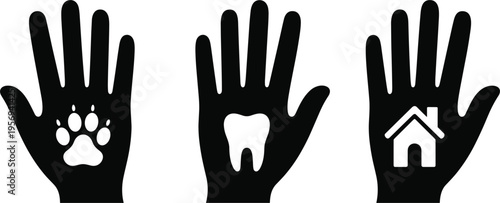 Flat vector icons of hands holding a paw print, a tooth, and a house silhouette