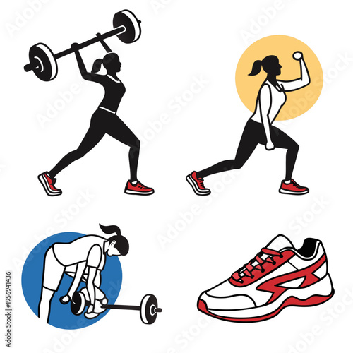 Colorful fitness with people exercising and athletic shoes fitness workout exercise weightlifting