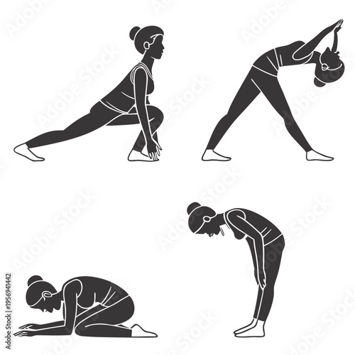 Four different yoga poses for flexibility and balance woman stretching exercise fitness