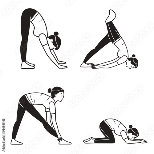 Four variations of standing and kneeling yoga poses woman stretching exercise fitness