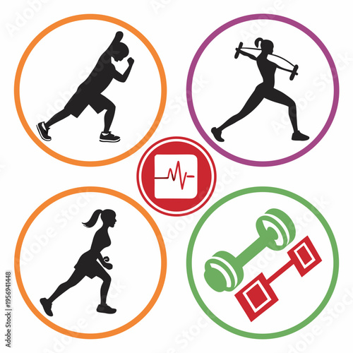 Colorful fitness with people exercising and dumbbells fitness workout exercise athletic silhouettes