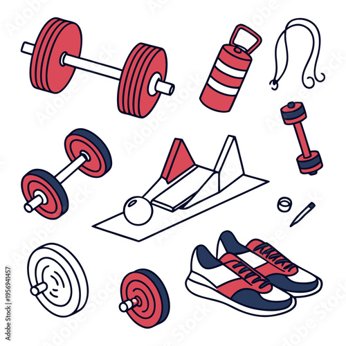 Colorful of fitness equipment and sneakers on white background workout exercise sports
