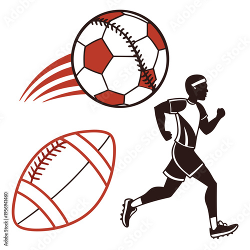 Sports with soccer ball and rugby ball and runner football