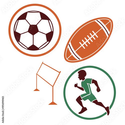 Colorful sports with soccer ball and rugby ball and runners football