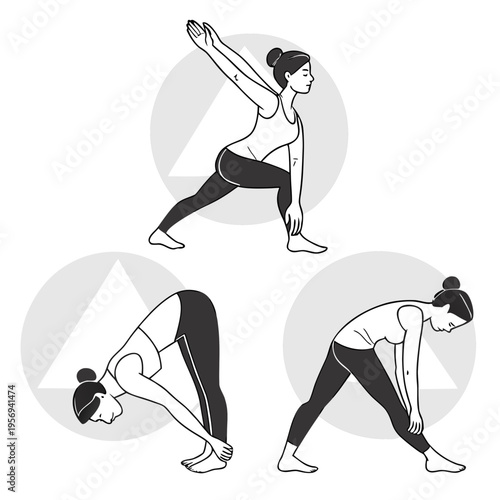 Three yoga poses with a triangle background woman stretching exercise fitness