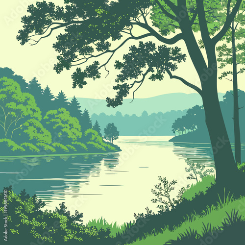 Lush green river landscape - forest waterway natural scenery vector