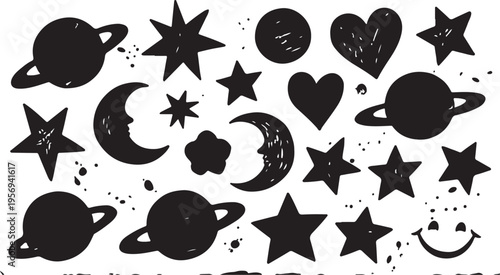 Set of childish crayon space objects and aliens isolated on white background. Vector cartoon illustration of funny chalk Earth, doodle stars, alien creatures and spacecraft