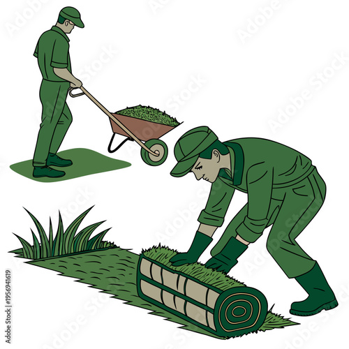 Landscapers laying sod and moving debris - outdoor lawn care work illustration
