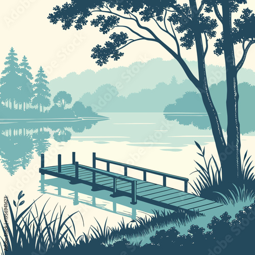 Tranquil lakeside dock - forest scenery with wooden pier and calm water
