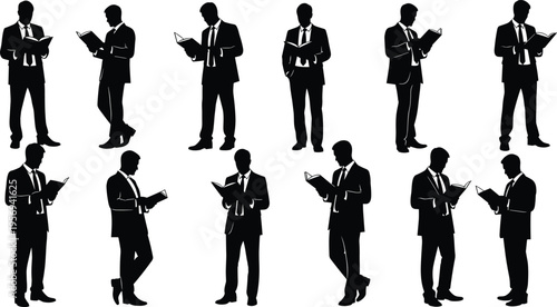 Businessmen Reading Documents Silhouette Collection, Professional Male Figures Holding Papers and Reports in Various Standing Poses for Corporate and Office Design Use