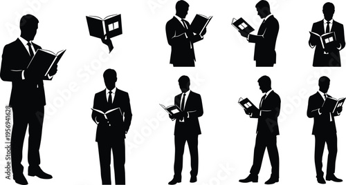 Businessmen Reading Books and Documents Silhouette Set, Professional Male Figures Studying Reports and Papers in Various Poses for Corporate and Education Concepts