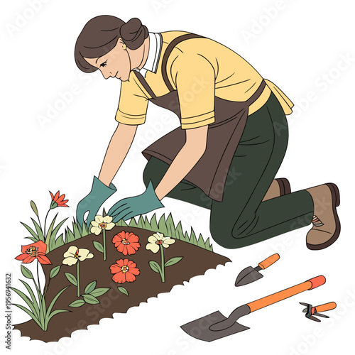 Woman gardening - planting colorful flowers with tools in a home garden