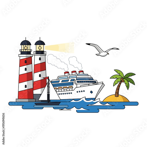 Cruise Ship and Lighthouse near tropical island with sailboat and seagull
