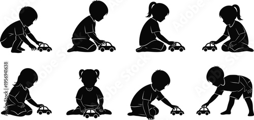 Children Playing with Toy Cars Silhouette Set, Kids Playtime Activity Collection with Boys and Girls in Different Poses for Childhood and Education Themes