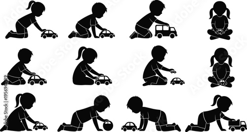 Children Playing with Toy Cars Silhouette Set, Kids Activity Collection with Boys and Girls in Different Play Poses for Education and Childhood Concepts