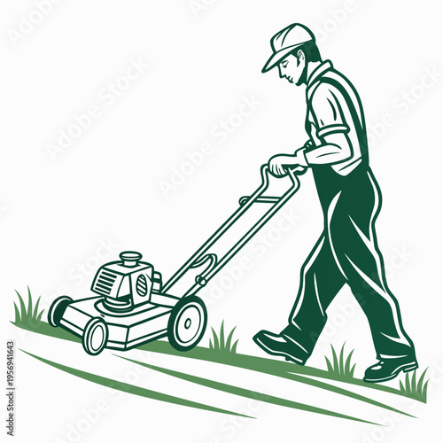 Man mowing lawn with lawnmower - outdoor grass cutting activity illustration