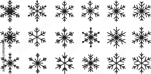 Collection of unique black snowflakes on white background pattern
