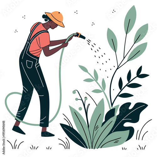 Woman watering plants in garden with hose illustration