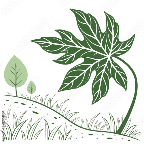 Large tropical papaya leaf with small trees and grass illustration
