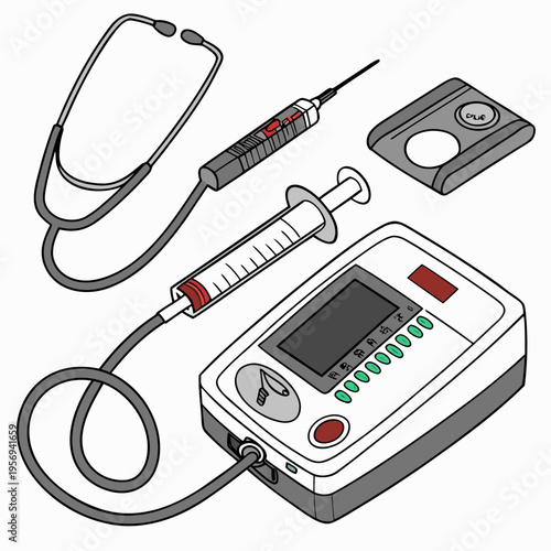 Isometric medical equipment: stethoscope, syringe, and monitor