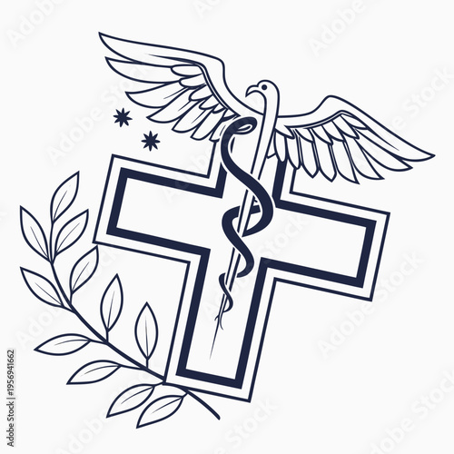 Medical healthcare symbolism with cross caduceus and dove