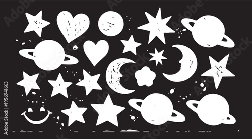 Set of childish crayon space objects and aliens isolated on white background. Vector cartoon illustration of funny chalk Earth, doodle stars, alien creatures and spacecraft