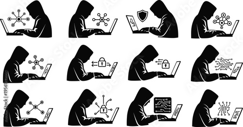 Hacker and Cyber Security Silhouette Collection with Hooded Figures Using Laptops, Data Protection, Network Attacks, and Digital Crime Concepts for Technology Design