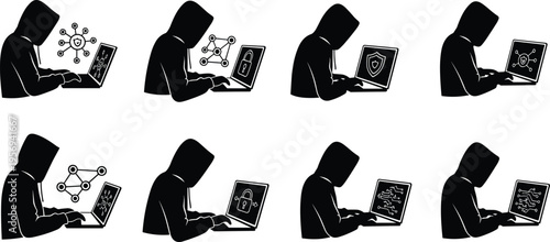 Hacker Using Laptop Silhouette Set with Cyber Security, Data Breach, Coding, and Network Attack Concepts for Technology and Digital Crime Design