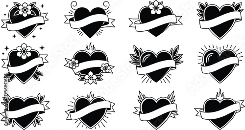 Heart Banner Tattoo Style Vector Set with Decorative Love Symbols, Floral Elements, Flames, and Ribbon Designs for Valentine, Romantic, and Vintage Graphics