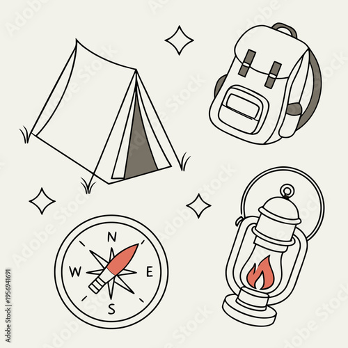 Outdoor camping adventure gear equipment collection icon set illustration