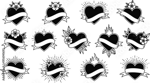 Heart Ribbon Tattoo Style Vector Collection with Floral, Flame, and Decorative Love Symbols for Valentine, Romantic, Vintage, and Retro Design Projects
