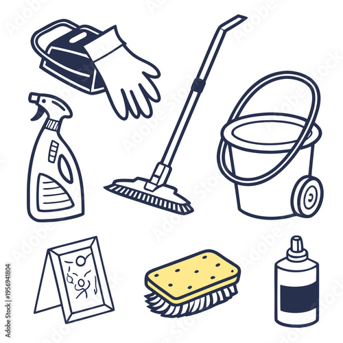 Household cleaning supplies icons set with sprayer, sponge, mop